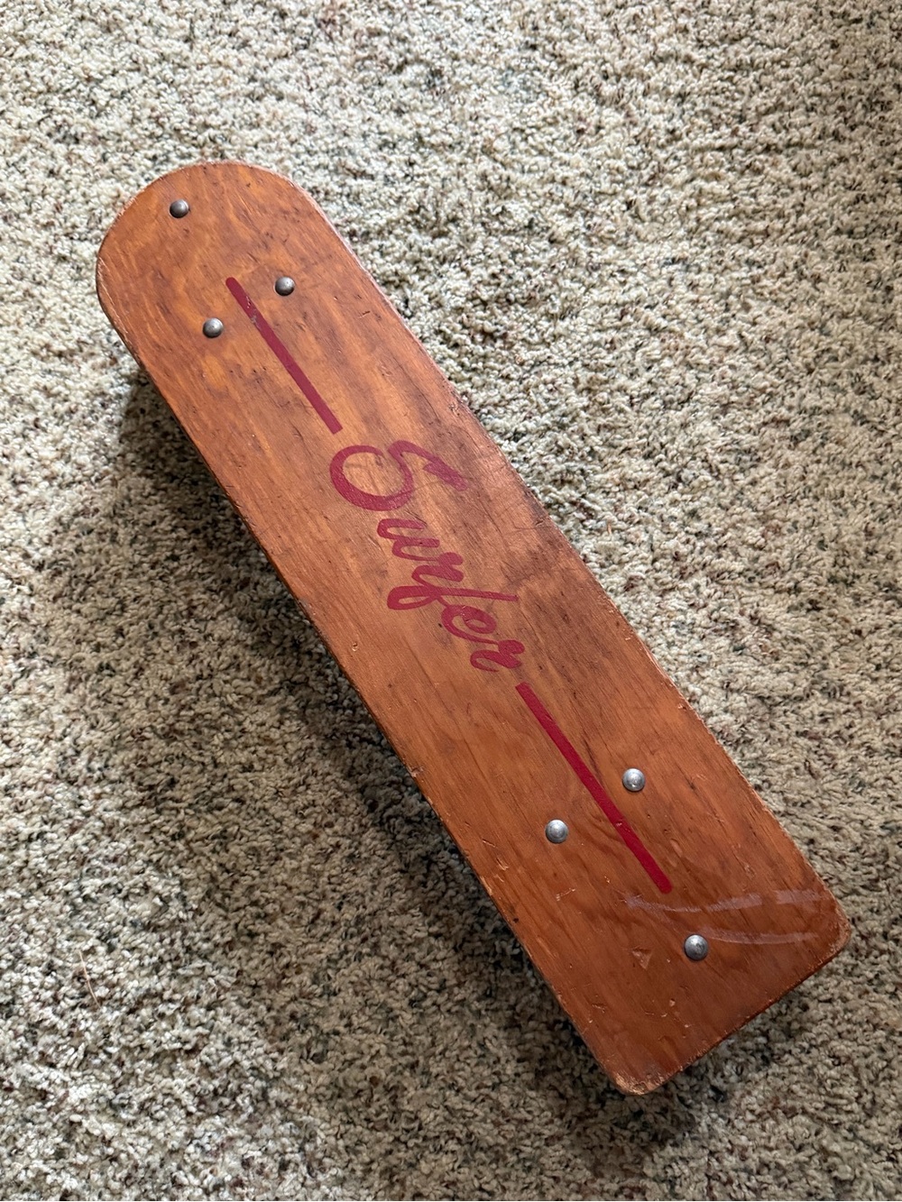1960s-70s Vintage Wooden 'Surfer' Skateboard Deck - Brown with Red